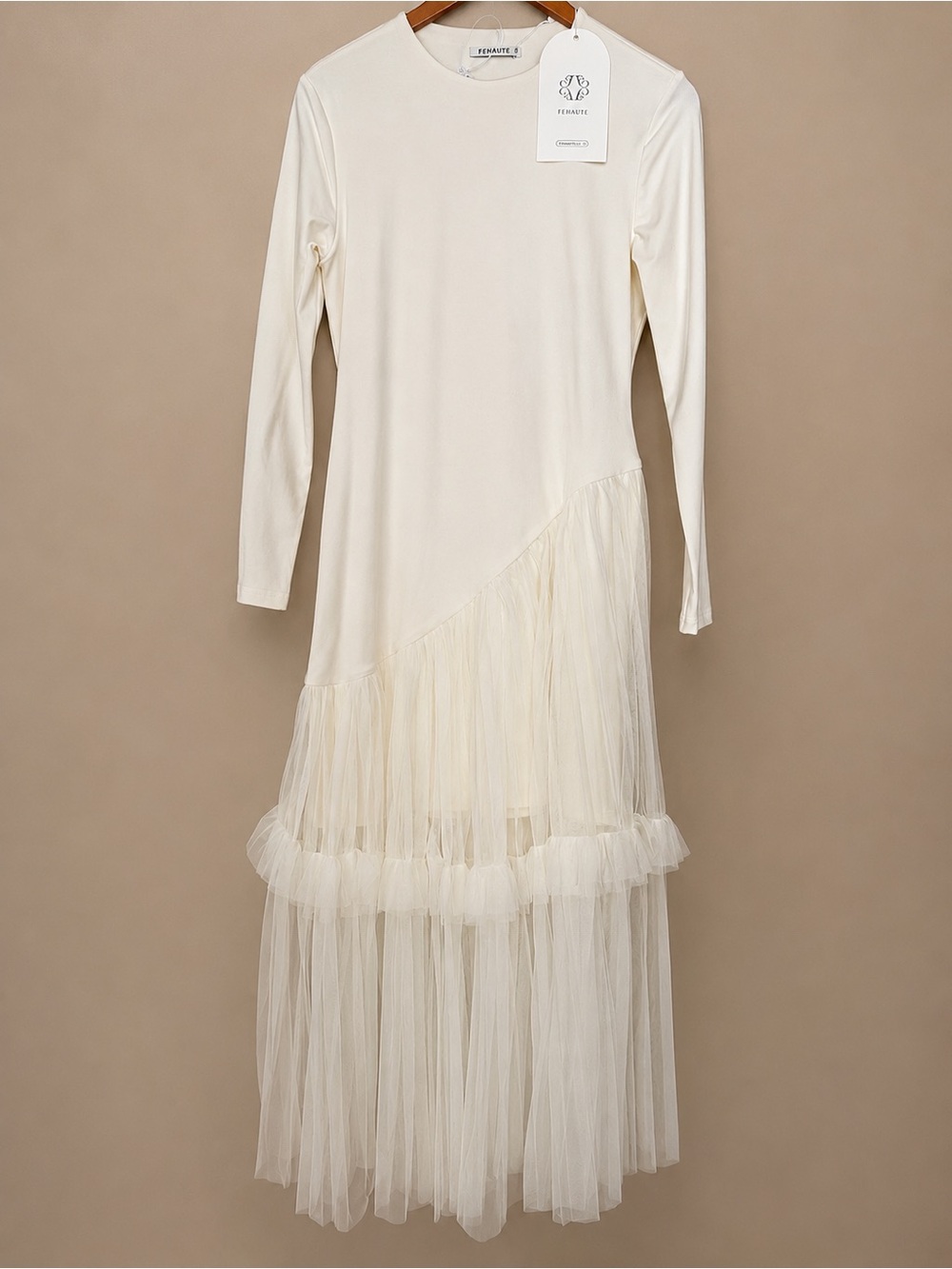 White Pleated Ruffled Knit Crew Neck Long Sleeve A-Line Midi Dress